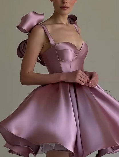 Pretty Dusty Pink Tiered Satin Spaghetti Straps A-Line Short Prom Dress Party Dress YM2555