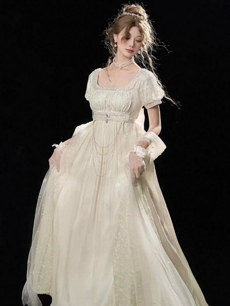 French Retro Ivory Tiered Puffy Square-neck A-line Long Prom Dress Birthday Dress Ball Gown YM2673