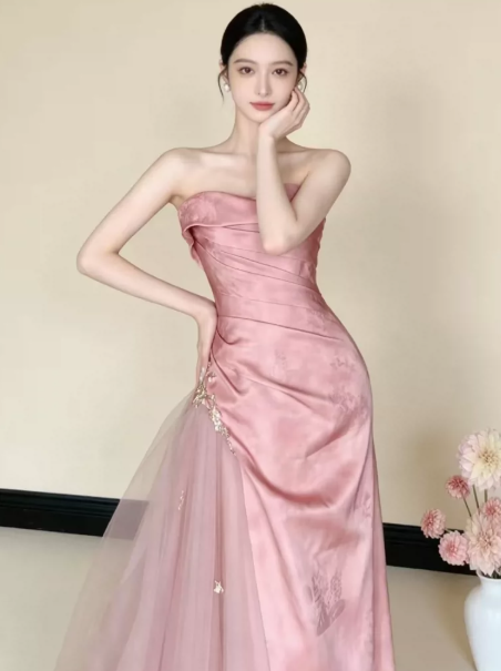 Sweet Pink Tiered Hazy Strapless Mermaid Long Prom Dress Birthday Dress Ball Gown YM2645