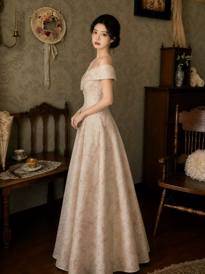Stunning Champagne Printed Pattern Bateau A-Line Long Prom Dress Birthday Dress YM2587