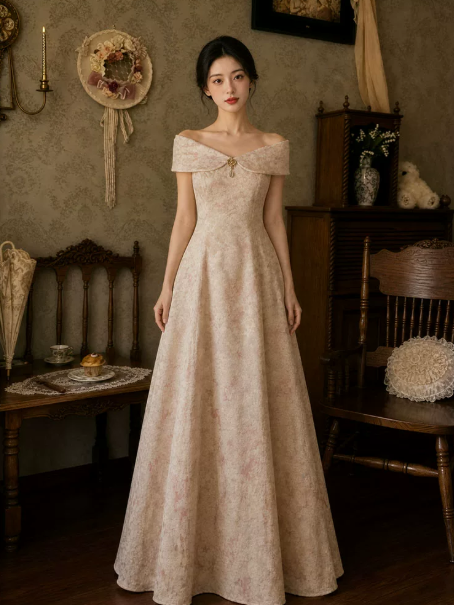 Stunning Champagne Printed Pattern Bateau A-Line Long Prom Dress Birthday Dress YM2587