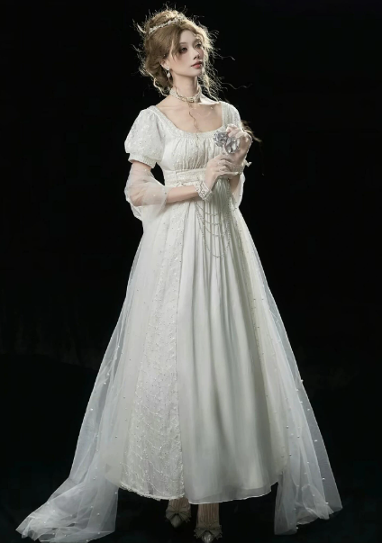 French Retro Ivory Tiered Puffy Square-neck A-line Long Prom Dress Birthday Dress Ball Gown YM2673