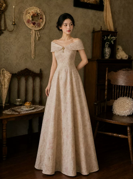 Stunning Champagne Printed Pattern Bateau A-Line Long Prom Dress Birthday Dress YM2587