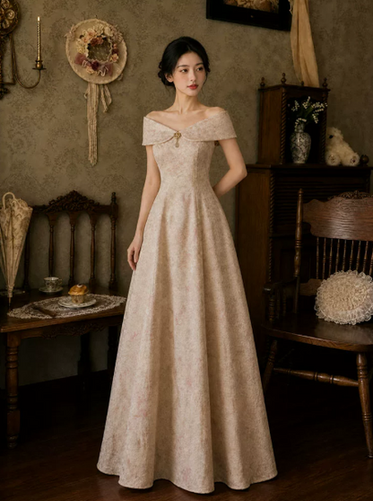 Stunning Champagne Printed Pattern Bateau A-Line Long Prom Dress Birthday Dress YM2587