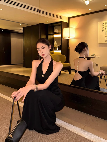 Black Halter Backless Long Party Dress Birthday Outfits YM2108