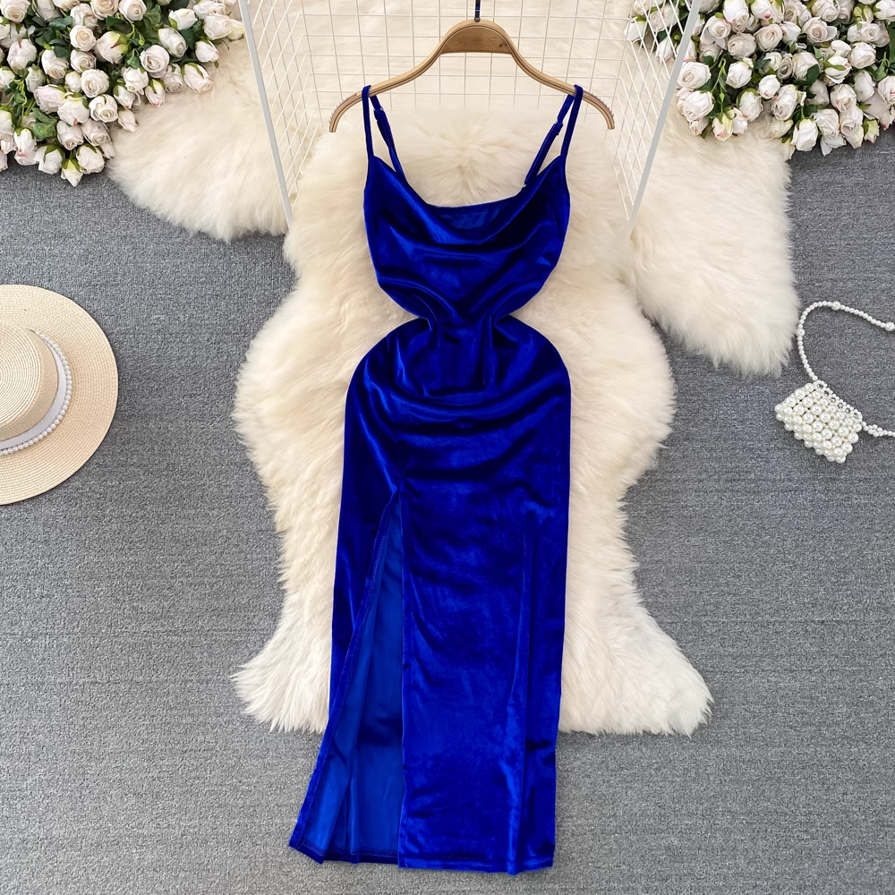 Royal Blue Spaghetti Straps Velvet Holiday Dress YM291