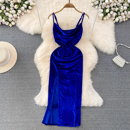 Royal Blue Spaghetti Straps Velvet Holiday Dress YM291