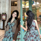 Retro Green British Style Sleeveless Bow Plaid Pleated Dress YM2038