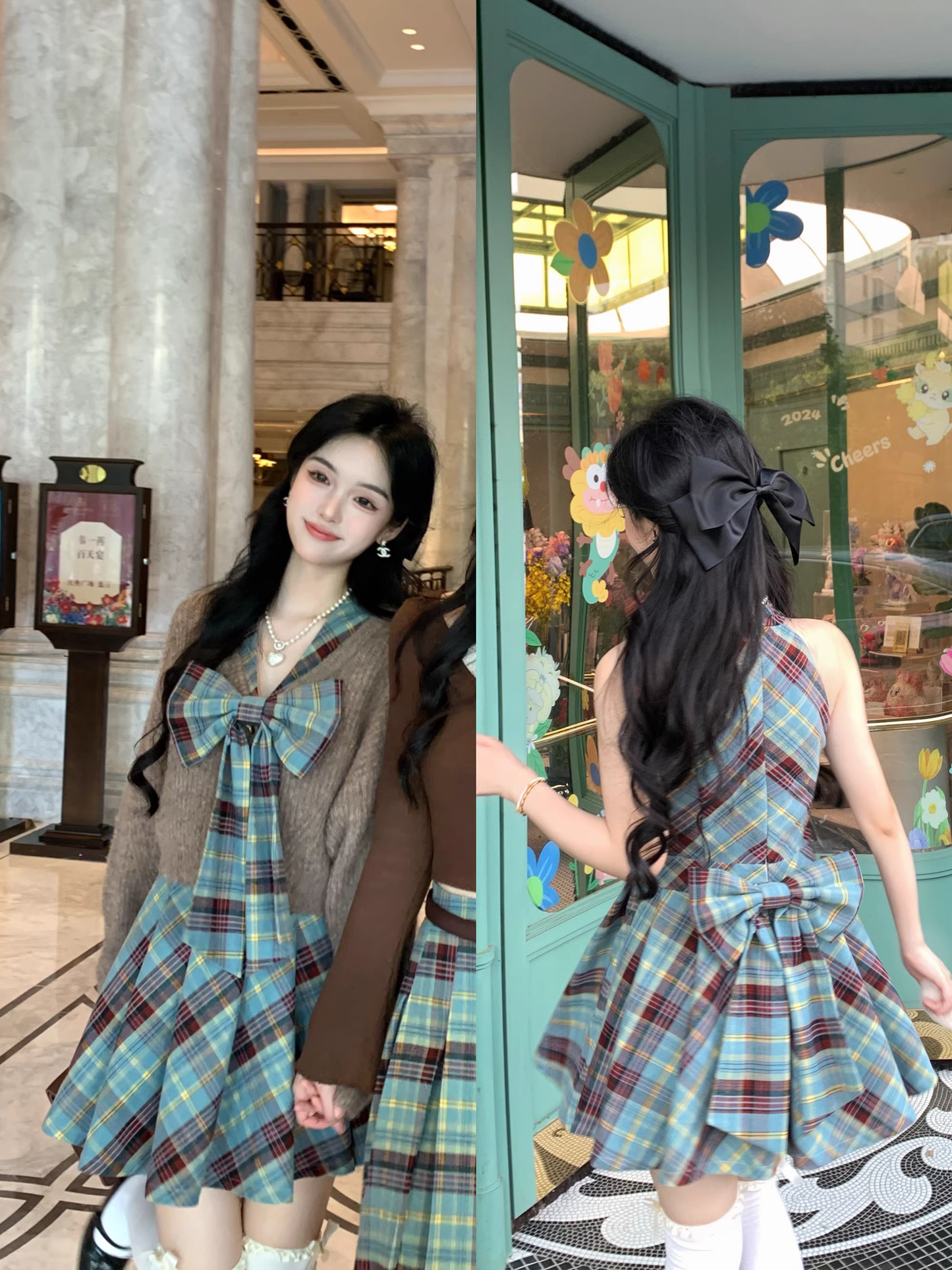 Retro Green British Style Sleeveless Bow Plaid Pleated Dress YM2038