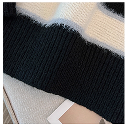Black Striped Knitted Sweater For Women, Fashionable And Slim Casual Sweater For Early Autumn YM2302
