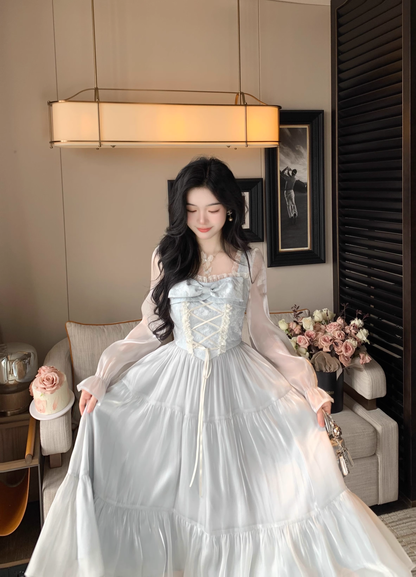 Blue French Square Neck Long Dress Fairy Glossy  Party Dress Prom Dress YM2028