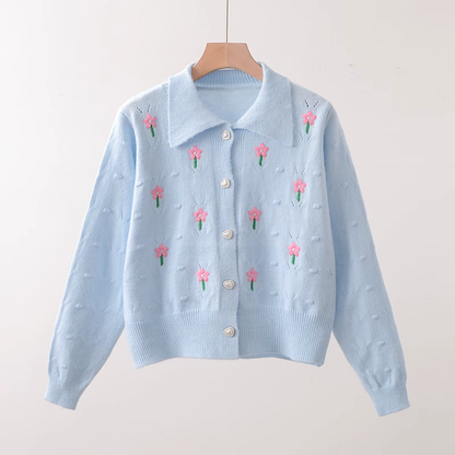 Floral embroidered POLO collar knitted cardigan YM657