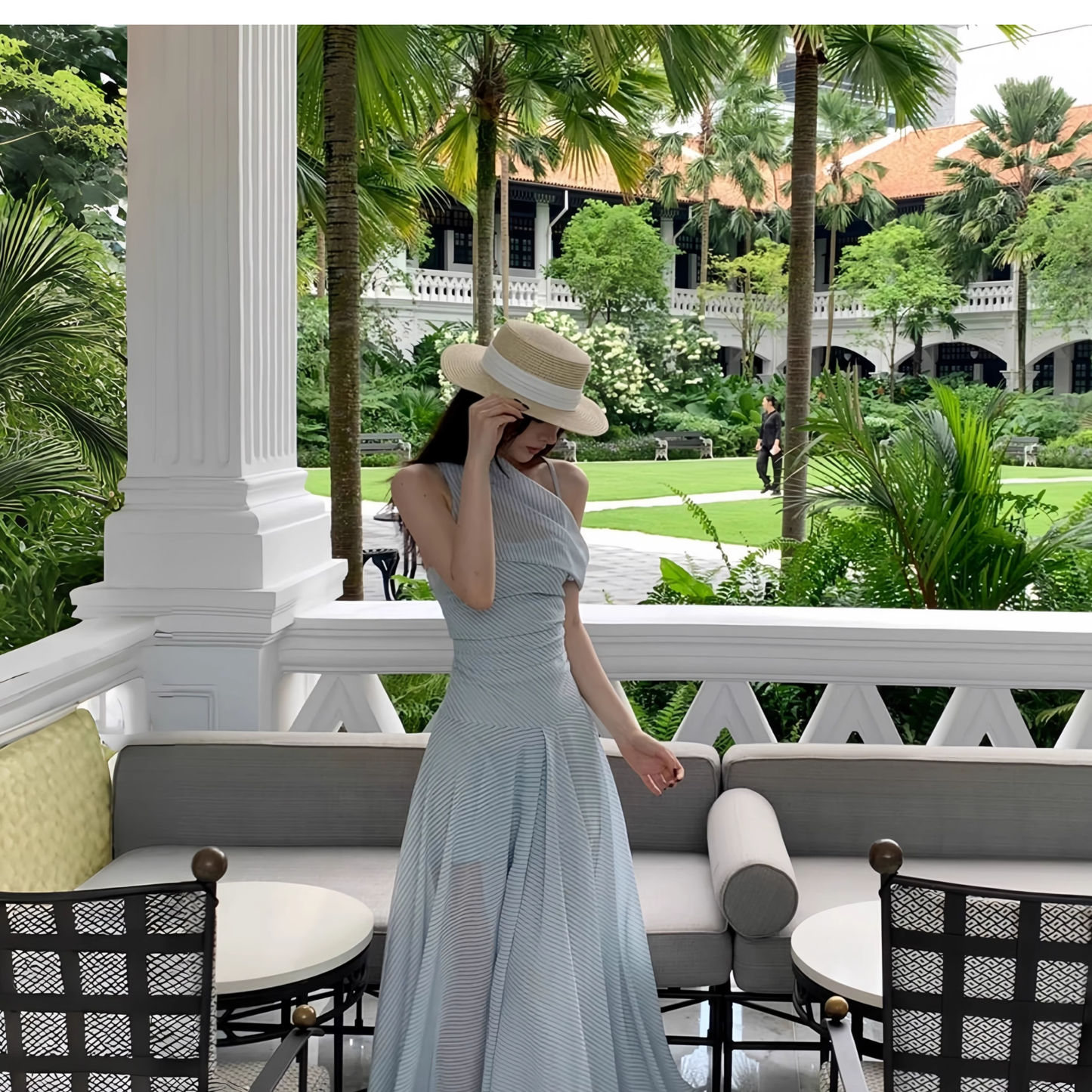 Elegant Blue Off The Shoulder A Line Long Vacation Dress Women Dress YM2204