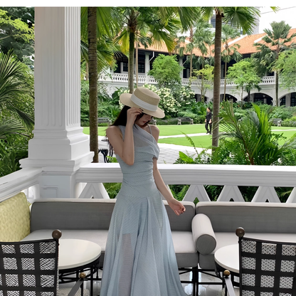 Elegant Blue Off The Shoulder A Line Long Vacation Dress Women Dress YM2204