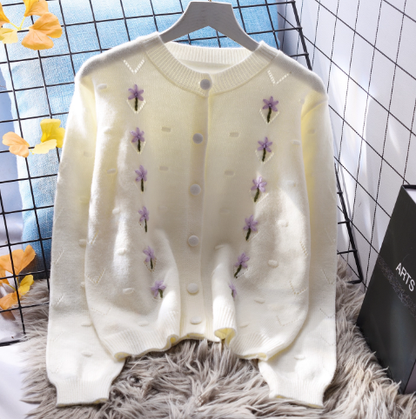 Round Neck Short Gentle Style Hollow Sweater Cardigan Autumn New Embroidered Knitted Jacket YM2350