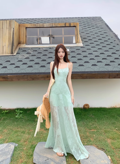 Jacquard Suspender Dress Summer Green Seaside Holiday Dress YM2112