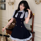 Preppy Style Fake Two-Piece Navy Blue Puff Sleeve Suspender Waist Party Dress YM2039