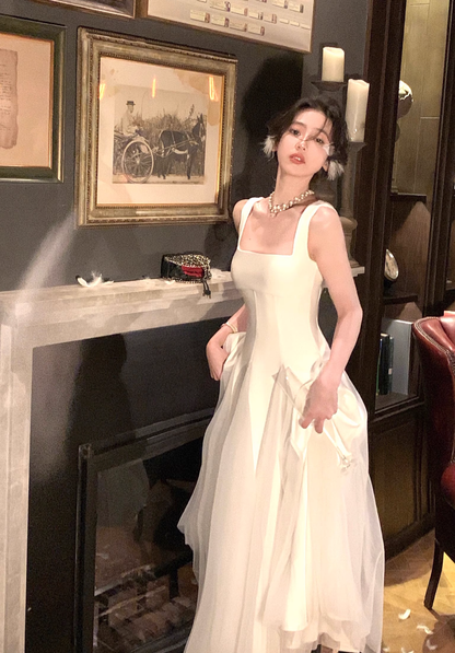 White Suspender Dress Net Gauze Fluffy Fairy Long Prom Dress YM2062