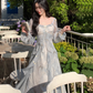 Blue Fairy-Like Ruffle Long-Sleeve Prom Dress Off The Shoulder Party Dress YM2042