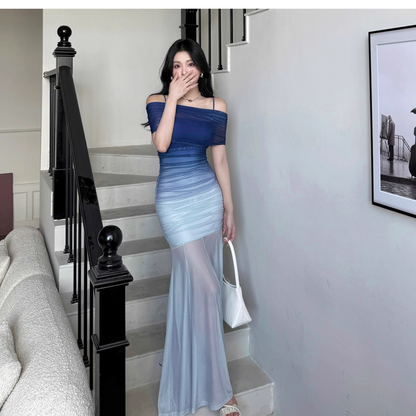 Unique Off The Shoulder Blue Ombre Sheath Long Vacation Dress Holiday Dress YM2276
