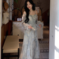Blue Fairy-Like Ruffle Long-Sleeve Prom Dress Off The Shoulder Party Dress YM2042