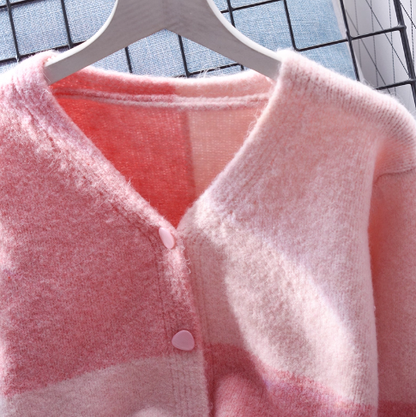 Pink V-neck Contrasting Sweater Jacket Short Women's Knitted Cardigan YM2377