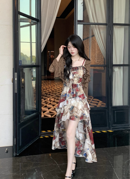 Retro Jacquard Oil Painting Trailing Dress Suspender Chiffon Party Dress Prom Dress YM2050