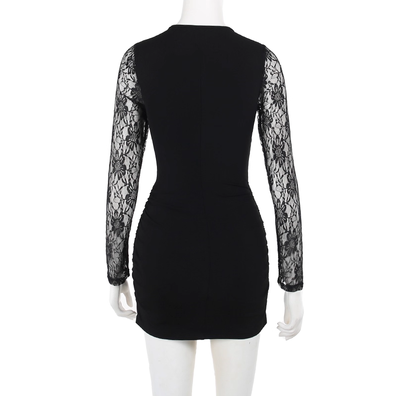 Sexy Black Lace Long-Sleeved Sheath Short Holiday Dress  YM2259