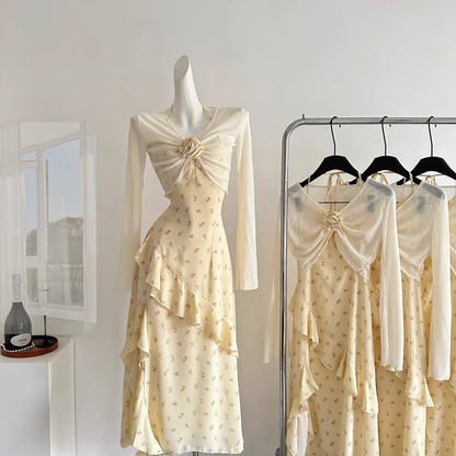 Sweet Slit Irregular Yellow Floral Vacation Dress Two-Piece YM2083