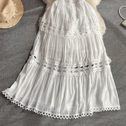 Retro palace style hollow sexy embroidered V-neck sleeveless ruffle dress  YM302