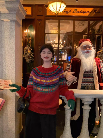 Fair Isle Red Sweater, Thick And Loose Knitwear, Christmas And New Year Sweater YM2419