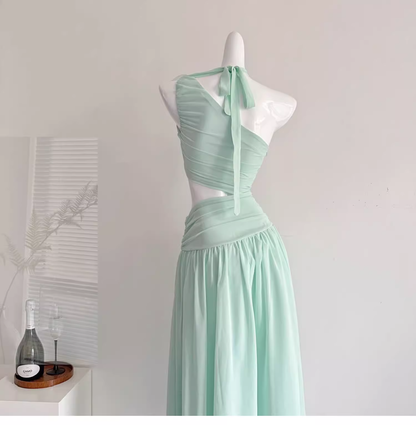 Sexy Mint Green One Shoulder Chiffon Vacation Dress Birthday Dress YM2077