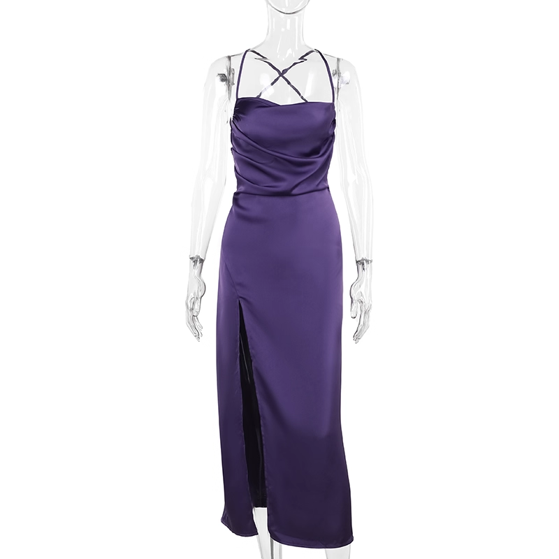 Sexy Purple Satin Straps Slit Formal Birthday Dress Long Holiday Dress YM2273