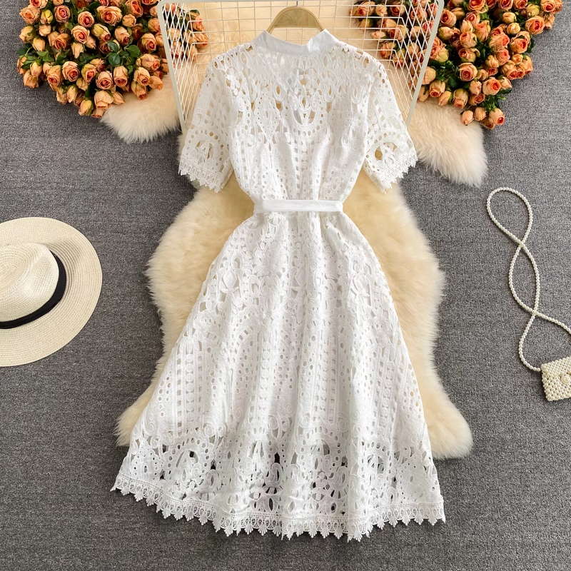 summer hollow lace single breasted dress,YM184