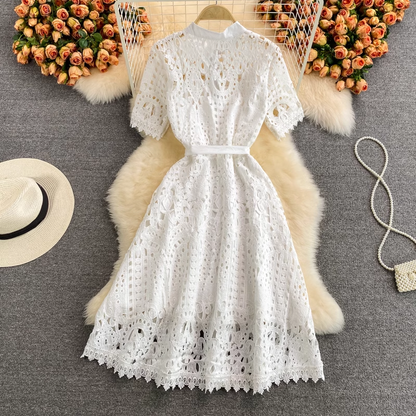 summer hollow lace single breasted dress,YM184
