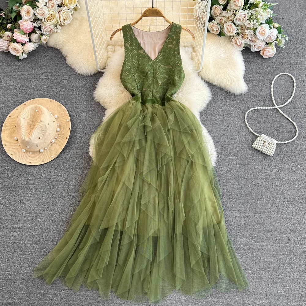 Sleeveless V-neck lace stitching a-line mesh dress elegant maxi dress YM300