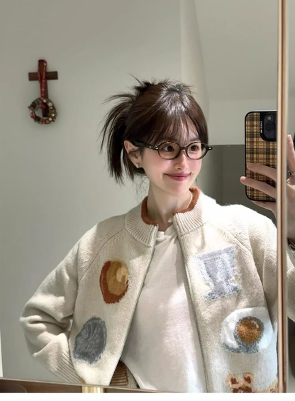 Beige Knitted Cardigan Zipper Jacquard Loose Sweater Jacket YM2396