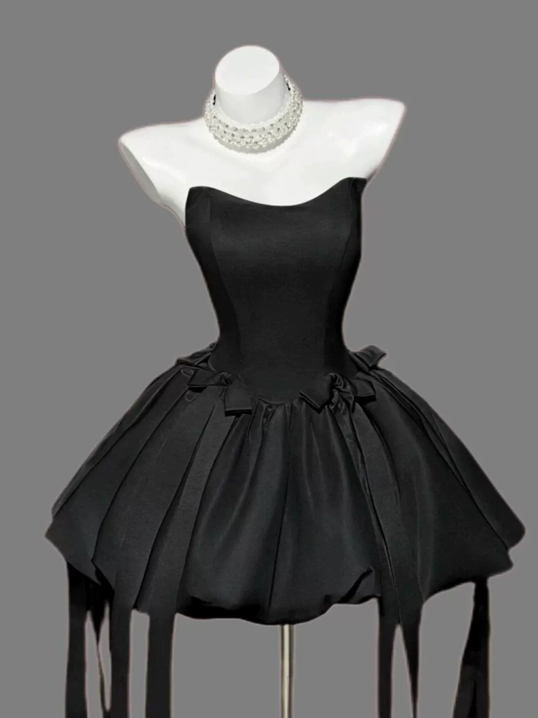 Fashion Strapless Black Satin Bow A Line Short Birthday Dress Cocktail Dress YM2464