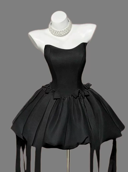 Fashion Strapless Black Satin Bow A Line Short Birthday Dress Cocktail Dress YM2464
