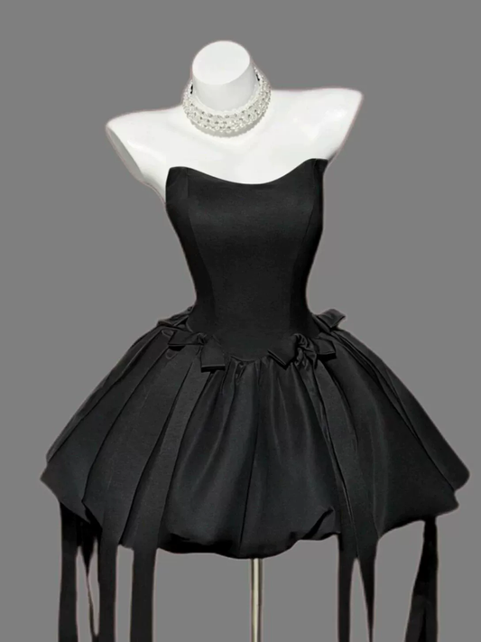 Fashion Strapless Black Satin Bow A Line Short Birthday Dress Cocktail Dress YM2464