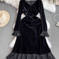 Autumn and winter trumpet V-neck  red velvet dress Christmas annual vocation dress  YM945