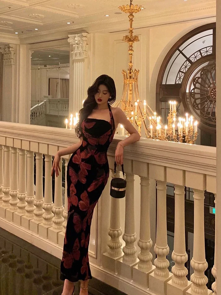 Sexy Halter Floral Sheath Prom Dress Evening Dress YM1596