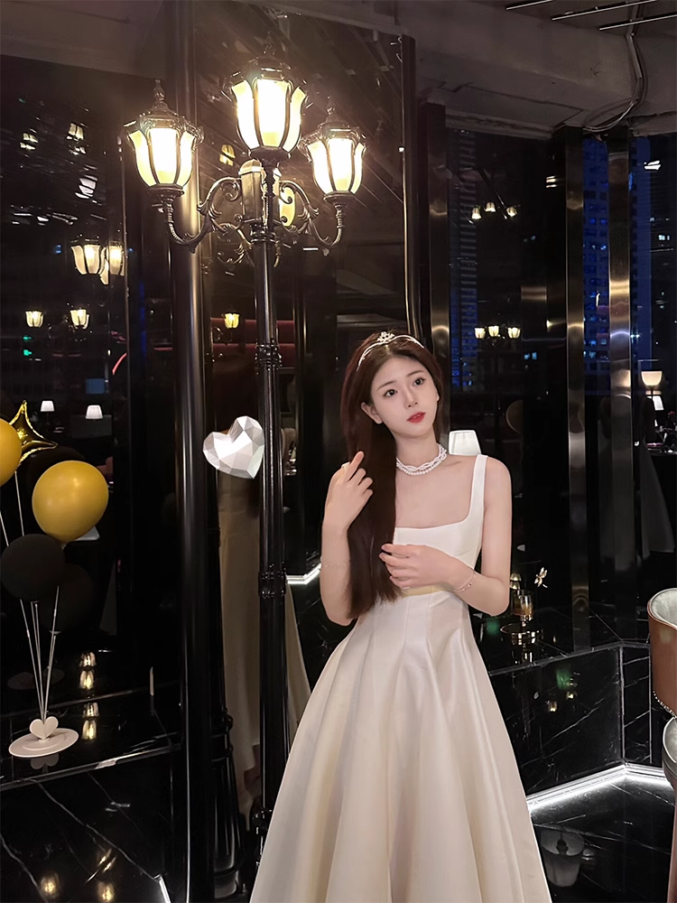 A Line Suspender Dress White Birthday Dress YM1654