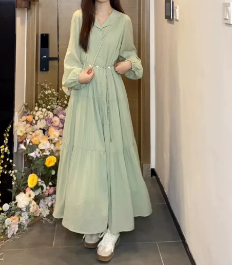 Flowy Soft Green Chiffon Puff Sleeves V-neck A-Line Maxi Women Dress Holiday Dress YM2709