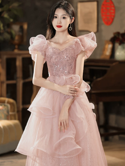 Girlish Pink Tulle Sequins Bateau A-Line Maxi Prom Dress Birthday Dress Ball Gown YM2699