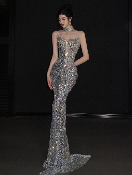 Gorgeous Sliver Sequins Glitter Slim Spaghetti Straps Mermaid Long Prom Dress Evening Dress Ball Gown YM2689