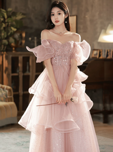 Girlish Pink Tulle Sequins Bateau A-Line Maxi Prom Dress Birthday Dress Ball Gown YM2699