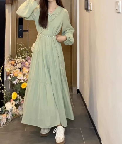 Flowy Soft Green Chiffon Puff Sleeves V-neck A-Line Maxi Women Dress Holiday Dress YM2709
