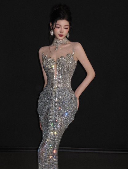 Gorgeous Sliver Sequins Glitter Slim Spaghetti Straps Mermaid Long Prom Dress Evening Dress Ball Gown YM2689