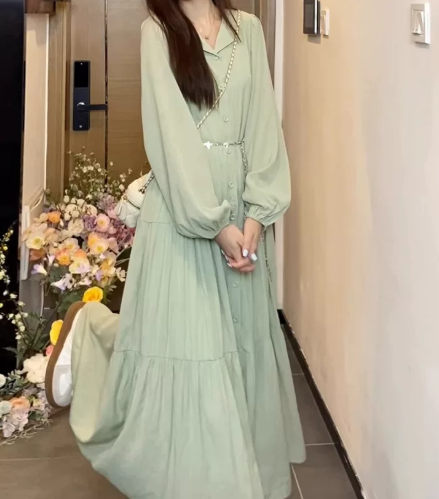 Flowy Soft Green Chiffon Puff Sleeves V-neck A-Line Maxi Women Dress Holiday Dress YM2709